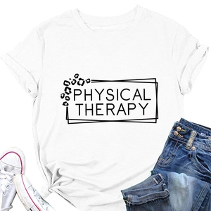 Flat lay of white T-shirt with Physical Therapy print, styled with jeans and sneakers