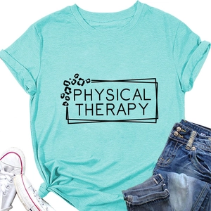 Close-up of Physical Therapy print and leopard accent on a light blue cotton T-shirt