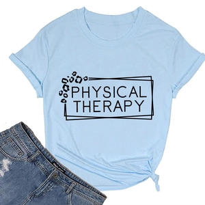 Close-up of Physical Therapy print with leopard pattern on blue cotton t-shirt