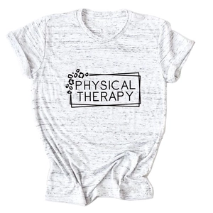 Detailed view of the leopard print accent on the Physical Therapy text on heather grey T-shirt