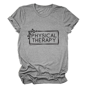 Detail of cuffed sleeves and physical therapy print on gray cotton crewneck t-shirt