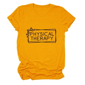 Close-up of Physical Therapy print on bright yellow crew neck t-shirt with leopard accents