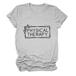 Detail of grey physical therapy t-shirt with black frame and leopard print design
