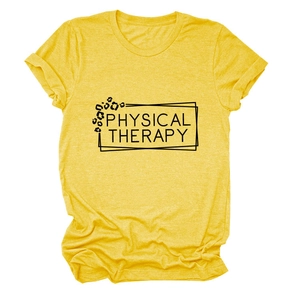 Detail view of cotton yellow T-shirt featuring black Physical Therapy text and leopard print