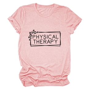 Detail of pink cotton T-shirt featuring black Physical Therapy text and leopard pattern