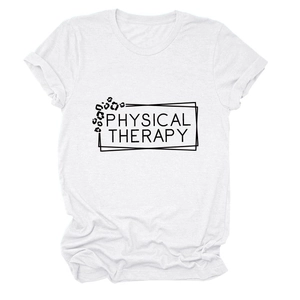 Close-up of white cotton T-shirt featuring black Physical Therapy text and leopard print