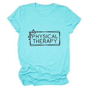 Close-up of Physical Therapy print on lake blue cotton t-shirt with leopard accents