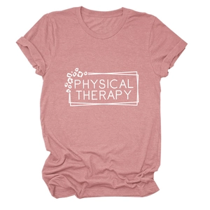 Detail of dusty rose T-shirt featuring white Physical Therapy print and leopard accent