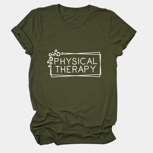 Olive green crew neck T-shirt featuring white Physical Therapy print and leopard accent