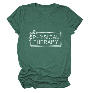 Flat lay of forest green physical therapy t-shirt with leopard print text details