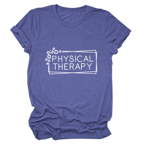 Detail of physical therapy print on gray-blue heather fabric t-shirt with leopard pattern