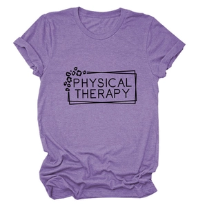 Detail of the purple melange T-shirt showing the black Physical Therapy leopard print design