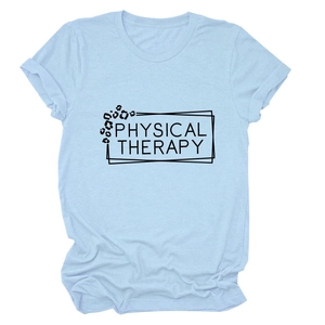 Detail of the leopard print pattern and Physical Therapy text on light blue t-shirt