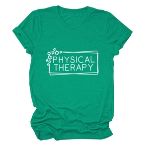 Detail of emerald green physical therapy t-shirt showing cotton fabric and print