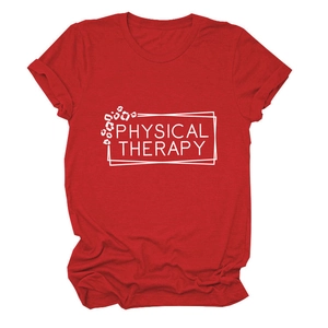 Detail of red Physical Therapy cotton t-shirt featuring leopard print graphic lettering