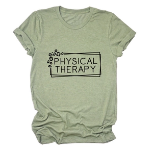 Detail of sage green T-shirt with rolled sleeves and leopard physical therapy print