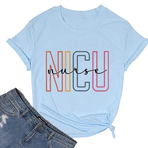 Flat lay of light blue round neck T-shirt with NICU Nurse print and denim shorts