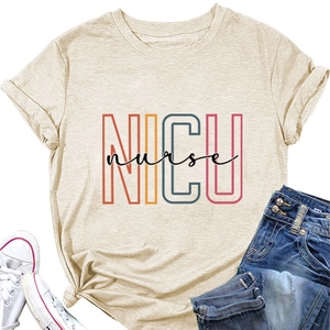 Close-up of NICU nurse print on apricot cotton T-shirt with stylish side knot detail