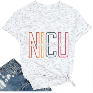 Detail of NICU Nurse print on heather grey T-shirt with front knot design and denim shorts