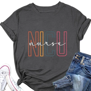 Detailed view of NICU nurse print on charcoal grey cotton t-shirt with stylish knot detail
