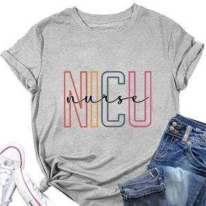 Flat lay of gray NICU nurse t-shirt with crew neck and colorful graphic on white background