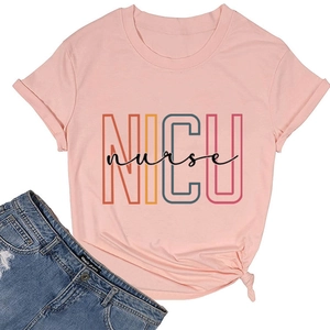 Pink round neck T-shirt with NICU nurse print and a stylish knot detail at the hemline