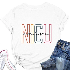 Detail of NICU nurse colorful typography print on white casual crewneck cotton t-shirt