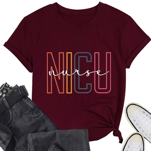 Flat lay of a burgundy NICU nurse t-shirt with stylized colorful graphic print design