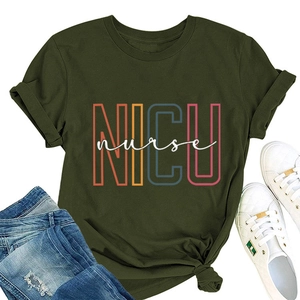 Flat lay of army green NICU nurse T-shirt paired with ripped jeans and white sneakers