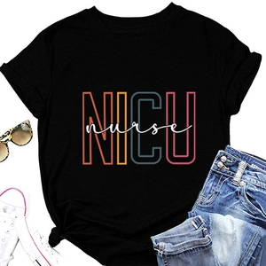 Flat lay of a black NICU Nurse printed t-shirt styled with jeans and white sneakers