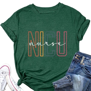 Flat lay of dark green NICU Nurse T-shirt styled with denim jeans and white sneakers