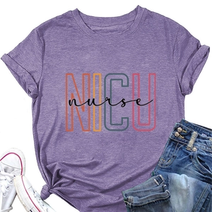 Flat lay of purple NICU nurse t-shirt with denim jeans and white sneakers
