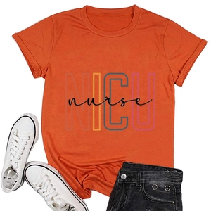 Flat lay of an orange NICU nurse t-shirt with crew neck and casual summer lettering
