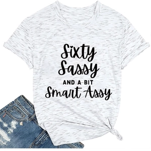 Detail of grey heather cotton T-shirt featuring sixty sassy typography and knot hem style