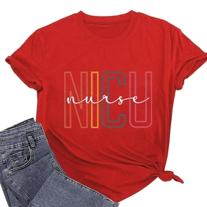 Detail of red NICU nurse cotton T-shirt with side knot and colorful graphic print
