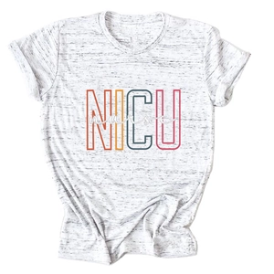 Detail of the gray NICU Nurse print on a soft crewneck cotton-blend short sleeve T-shirt