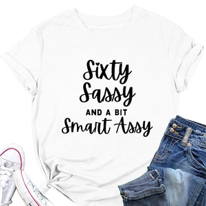 Close-up of Sixty Sassy slogan print on a white cotton crew neck summer t-shirt