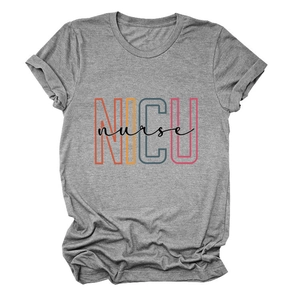 Close-up of grey NICU nurse T-shirt showing marl fabric texture and colorful typography
