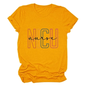 Detail of the NICU nurse lettering on a mustard yellow round neck cotton t-shirt