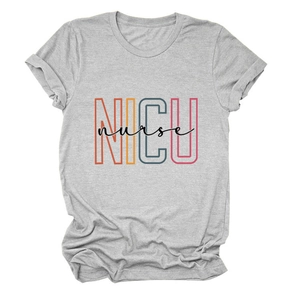 Detailed view of the gray NICU nurse cotton t-shirt with colorful letter printing