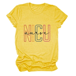 Detail of the high-quality NICU nurse graphic print on a bright yellow crewneck t-shirt