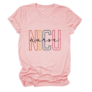 Pink NICU nurse casual short sleeve T-shirt with rolled sleeves on a white background