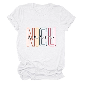 Detail shot of the colorful NICU nurse print on this white casual short sleeve T-shirt