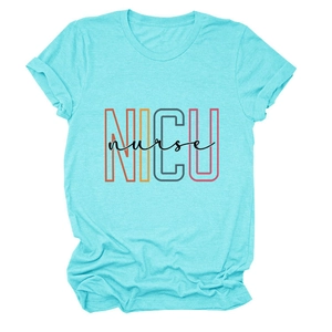 Teal short sleeve NICU Nurse t-shirt for women in a loose fit with flat lay design