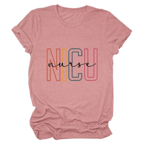 Close-up of dusty pink t-shirt featuring NICU Nurse colorful graphic print design