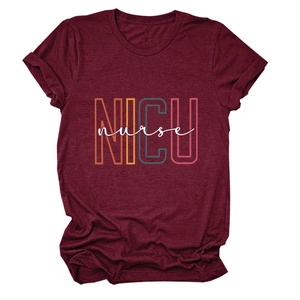 Close-up of burgundy NICU nurse printed round neck tee with rolled short sleeves