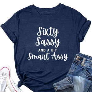 Navy short sleeve tee with Sixty Sassy print and stylish knot detail on flat lay