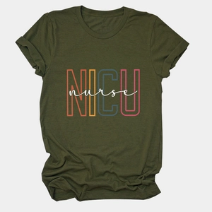 Close-up of NICU Nurse print on soft army green cotton fabric of a casual T-shirt