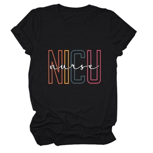 Detail of NICU nurse colorful lettering print on black round neck short sleeve cotton T-shirt