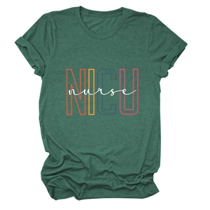 Close-up of heathered green NICU nurse T-shirt fabric with colorful artistic lettering